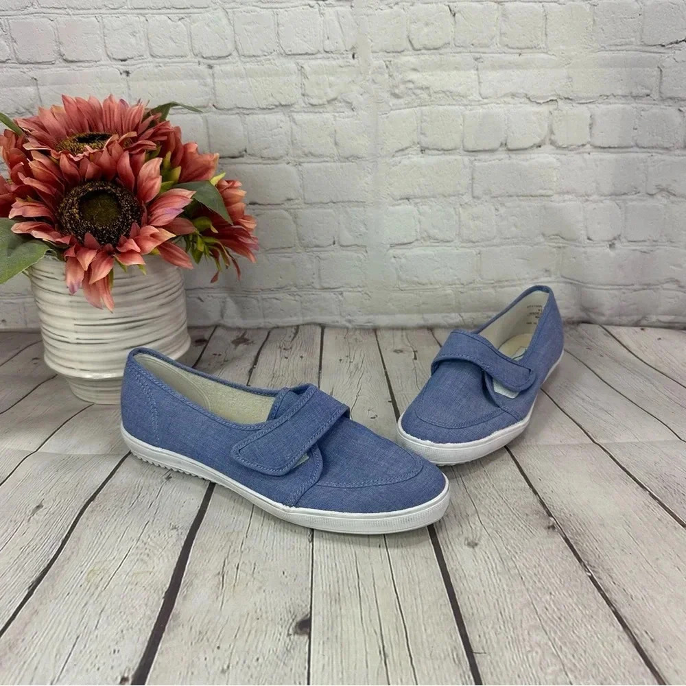 women's grasshopper canvas slip-on blue chambray shoe sz 8.5 S slim